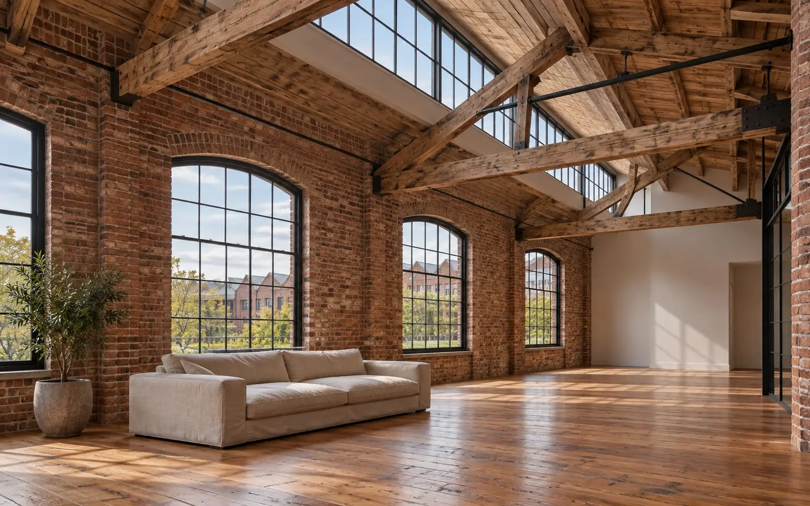 North-facing roof monitors light the top-floor lofts.