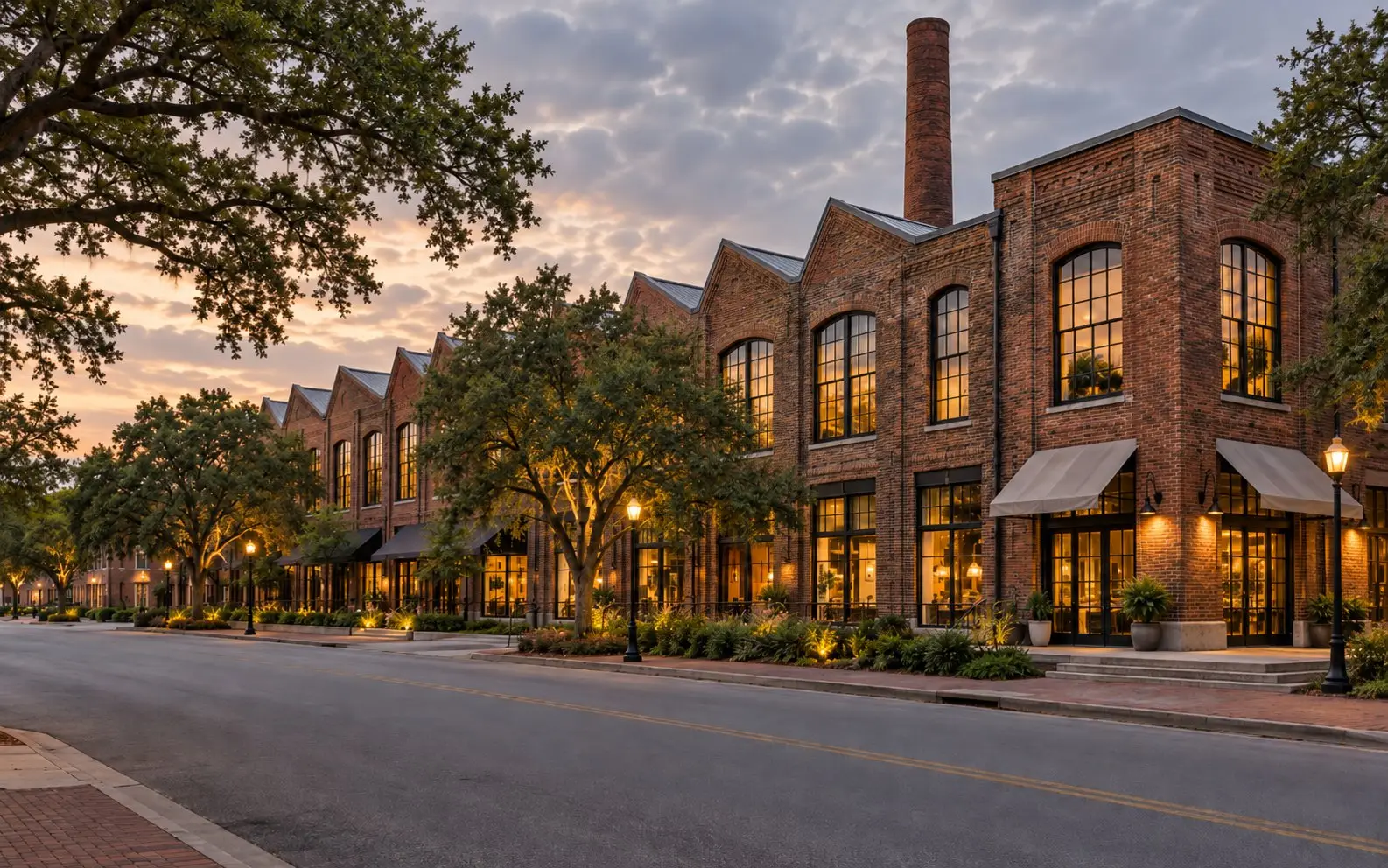 Brick mill building with a saw-tooth roof and lit storefronts at dusk