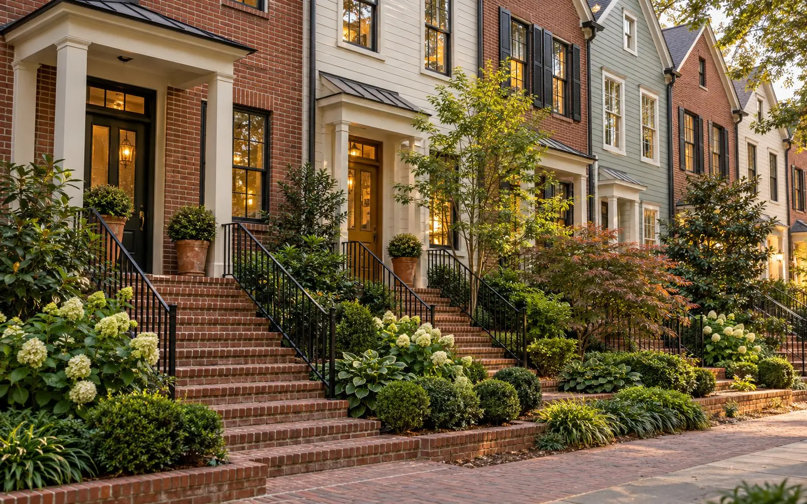 Every house has a stoop and a front door on the sidewalk.