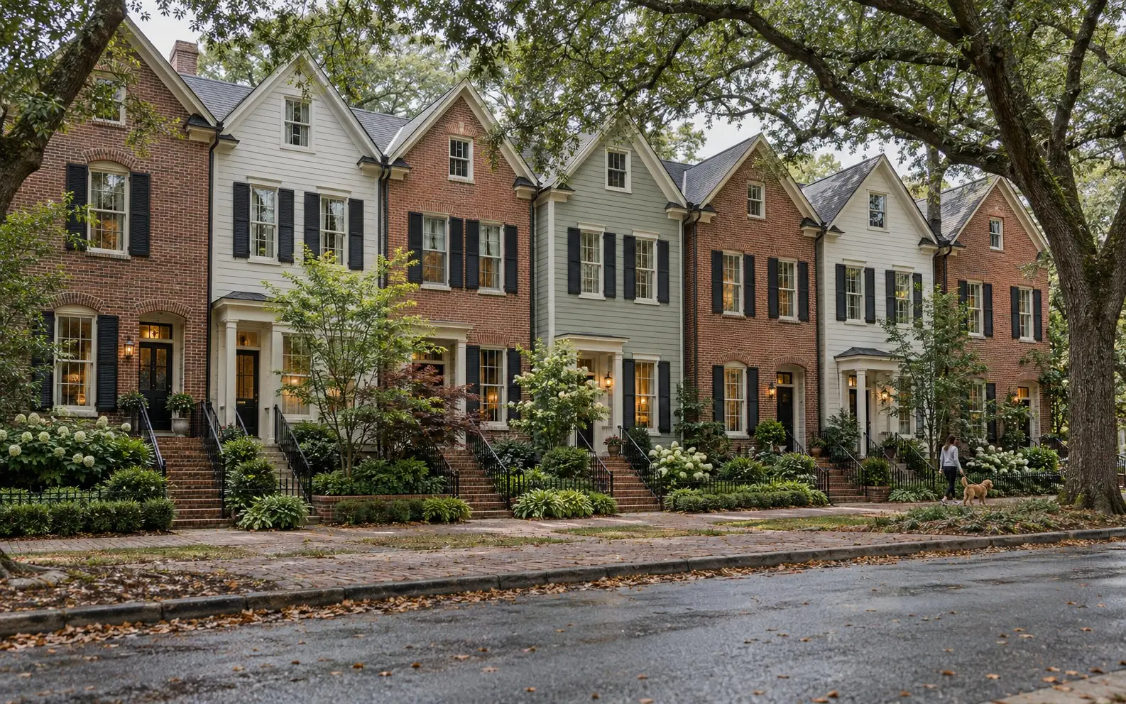 A row of narrow gabled townhomes in brick, white and grey
